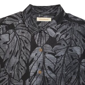Tommy Bahama Hawaiian Silk Shirt Mens Large Black Tropical Leaf Short Sleeve